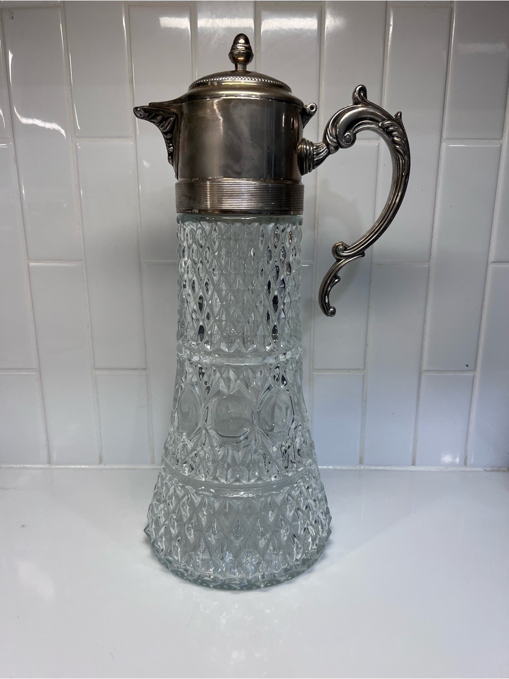 Vintage Silver & Glass Pitcher With Ice Tube Insert Diamond Cut Glass  14”